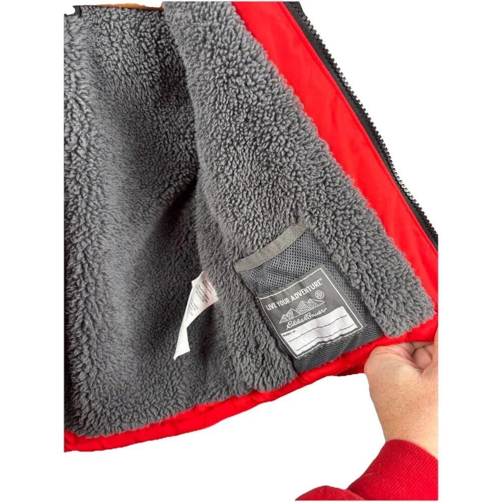 Eddie Bauer Puffer Coat Jacket Kids 3T Red Black Hooded Sherpa Lined